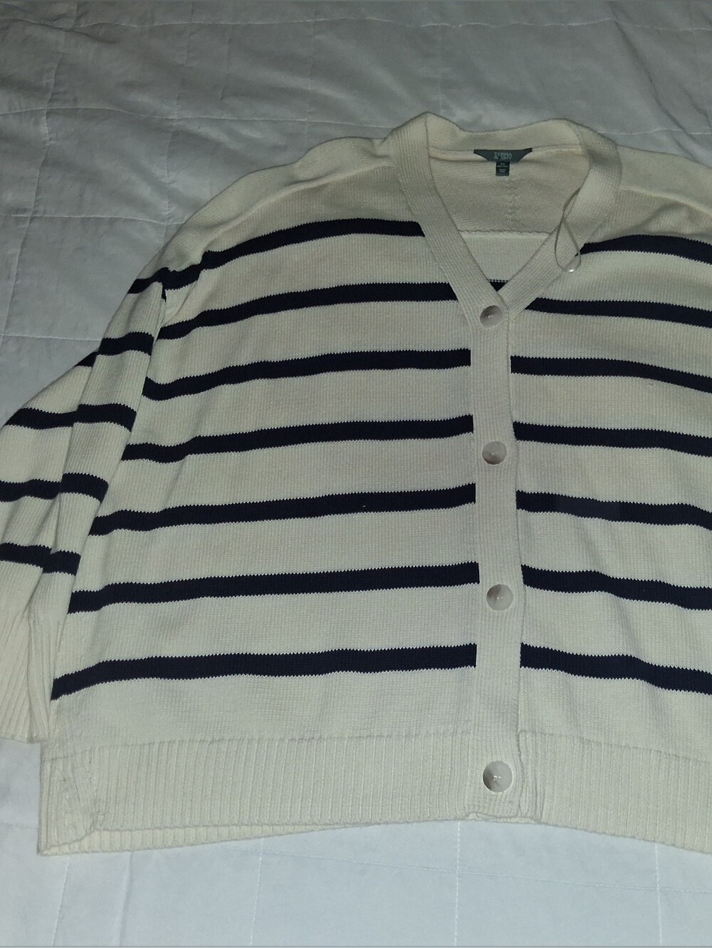 Terra & Sky Boyfriend Cardigan Sweater - Wide Stripe - Ivory/Navy - Plus Size 4X